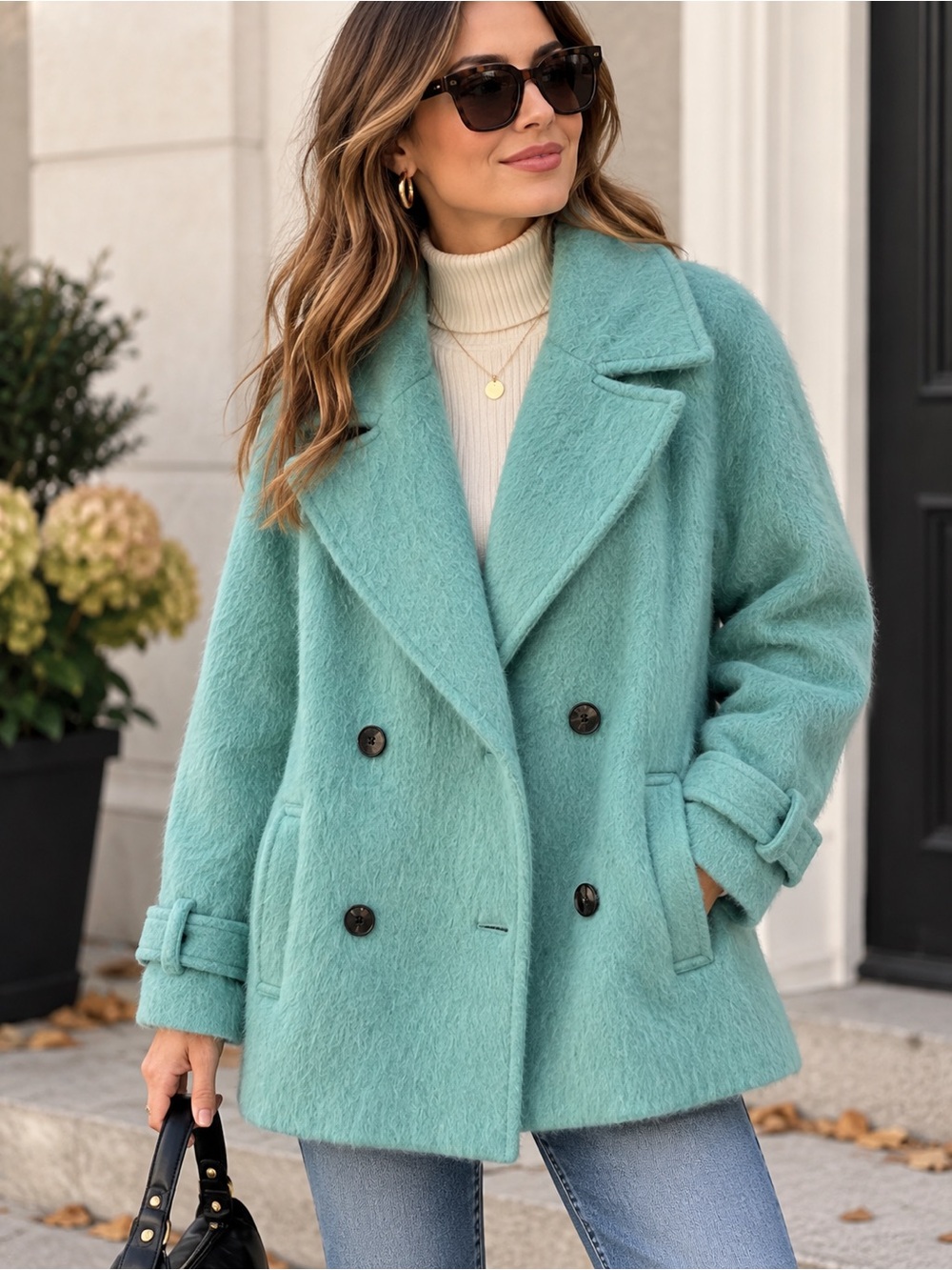 Avec Les Filles Aqua Fuzzy Double Breasted Coat S Oversized Statement Jacket